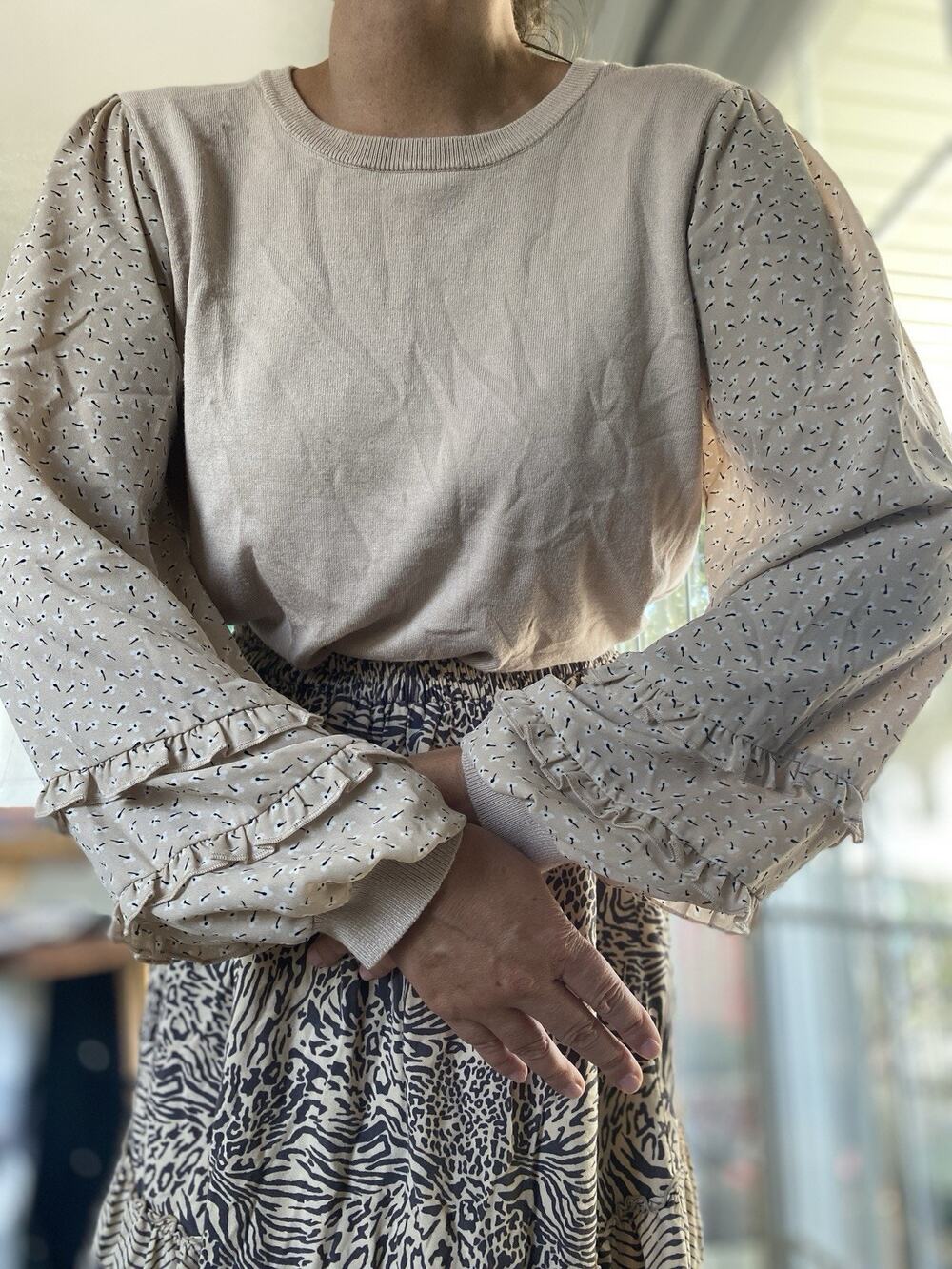 Adrianna Papell Lace Sleeve Crew Neck Sweater Cream Large L